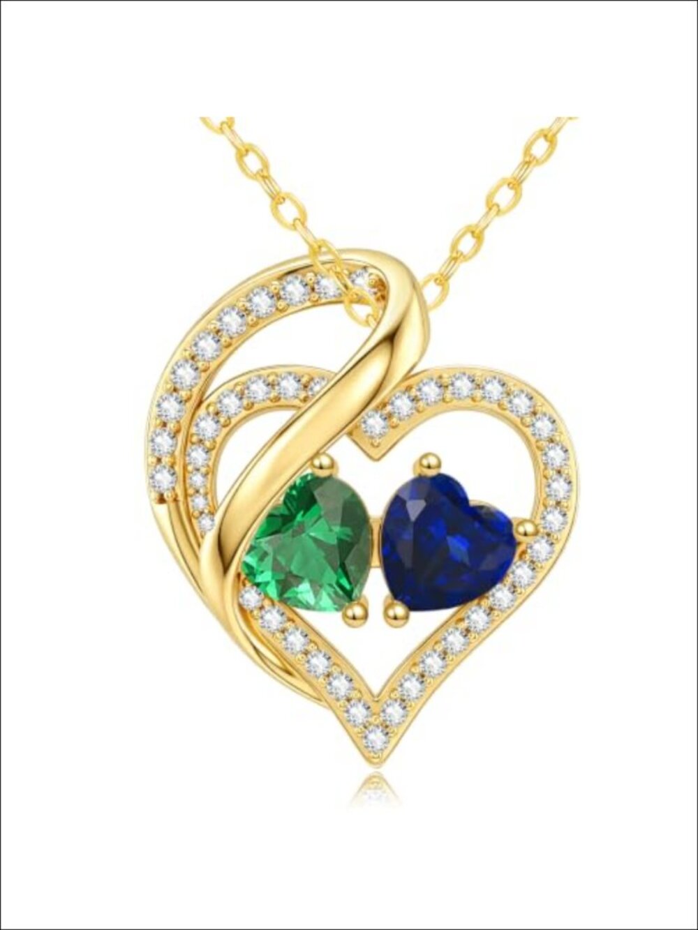 14K Gold Double Birthstone Heart Pendant Necklace Gift for Wife